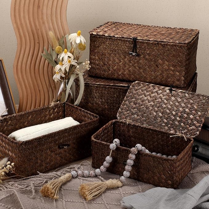 Woanger Set of 4 Wicker Baskets with Lids, Nautral Seagrass Storage Baskets, Woven Rectangular Basket Bins, Rattan Storage Organizer for Shelf Closet Bedroom(Coffee)