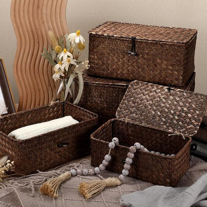 Woanger Set of 4 Wicker Baskets with Lids, Nautral Seagrass Storage Baskets, Woven Rectangular Basket Bins, Rattan Storage Organizer for Shelf Closet Bedroom(Coffee)
