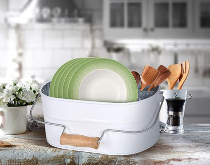 Light & Pro Farmhouse Rustic Silverware Utensil Carry All Caddy- Galvanized Utensil Caddy with Wooden Handle for Kitchen Counter, Silverware Organizer for Flatware, Condiments, Party Supplies - White