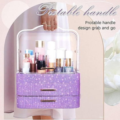 Honeydak Bling Makeup Organizer for Mothers Day Nurses Day Birthday Gifts Rhinestone Cosmetic Display Cases with Transparent Cover, Skincare Perfume Organizer for Countertop, Desk(Purple,Rhinestone)