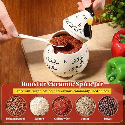 Ceramic Salt Cellar with Lid and Spoon,17oz Large Chicken Rooster Cookie Jar Salt Containers Holder for Countertop Spices,Cute Farmhouse Kitchen Decor,Spice Jar for Coffee,Sugar,Spices,Candies (#B)