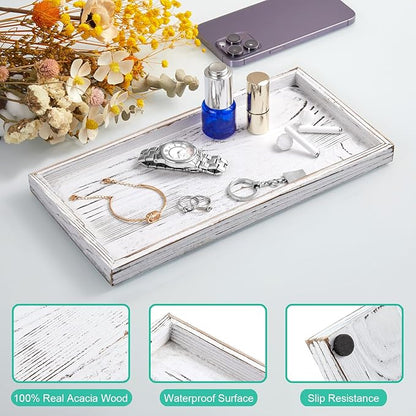ALELION 11.7" White Bathroom Vanity Tray for Counter - Decorative Tray for Toilet Tank Makeup Perfume Jewelry Catchall Coffee Table - Wooden Kitchen Countertop Organizer for Soap Dispenser