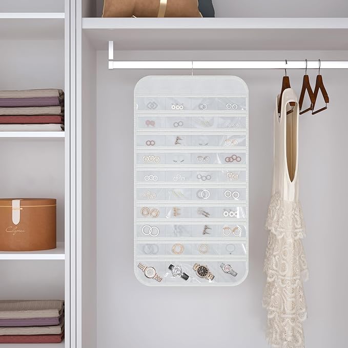 2-Pack Hanging Jewelry Organizer Storage, 40 Pockets 36 Hooks Necklace Earring Necklace Bracelet Ring Organizer, Double - Sided Design, White
