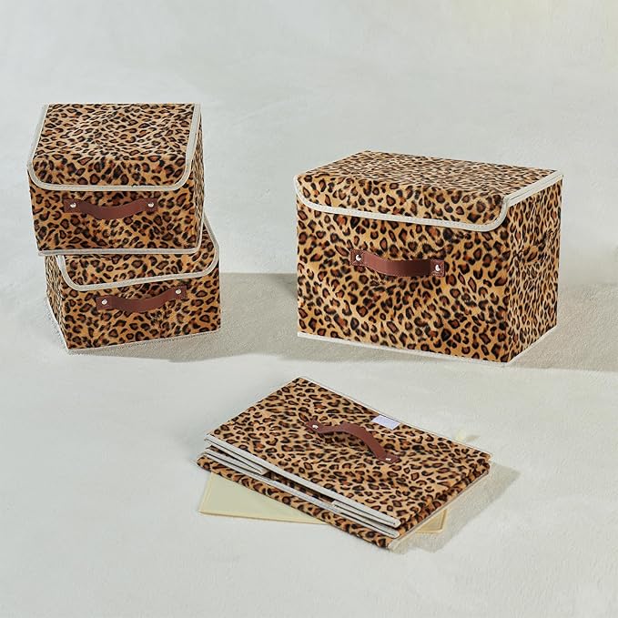2PCS Storage Bin with Lid Leopard Print Cute Velvet Fabric Storage Basket Box Faux Leather Handles PP Plastic Board Foldable Washable Lidded Closet Shelf Organizer Container (Small Size)
