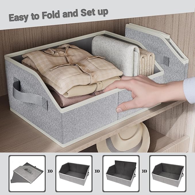 Closet Storage Bins 6 Pack, Trapezoid Fabric Bins with Handles for Shelves, Foldable Storage Boxes for Clothes Toys Hats, With Labels& Chalk Marker for Home Organization Silver Gray
