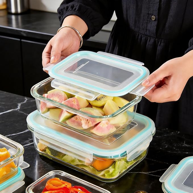Liuruiyu Glass Food Storage Containers with Lids, 8 Pack Meal Prep Containers, Airtight Bento Boxes with Leak Proof Locking for Microwave, Oven, Freezer and Dishwasher, BPA Free（5oz to 36oz）