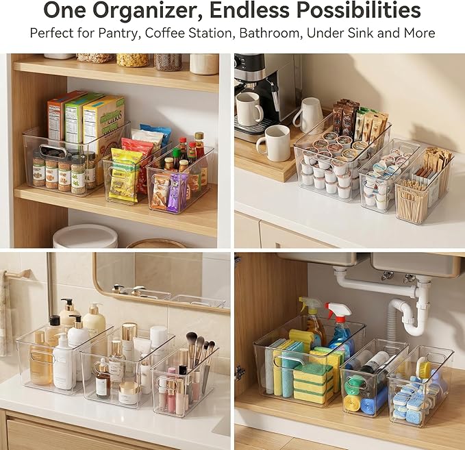 MOONEDGE Set of 12 Clear Plastic Storage Organizer Bins – 4 Large and 8 Small Nestable Space-Saving System for Under-Sink, Bathroom, Kitchen, Fridge & Cabinet Organization