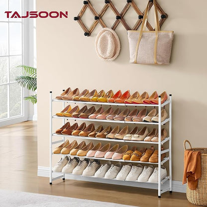 Tajsoon Expandable Shoe Rack for Closet 5 Tier, 29“-41“Adjustable & Stackable Shoe Shelf Storage, Metal Shoe Rack Organizer for Front Door Entrance, Closet, Garage, Entryway, White