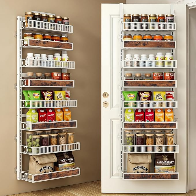 8 Tier Pantry Door Organizer Spice Rack, 2-IN-1 Wall Mount or Hanging Over Door Seasoning Organizer with Adjustable Baskets, Heavy Duty Behind Door Storage Shelves for Pantry, Cabinet and Kitchen