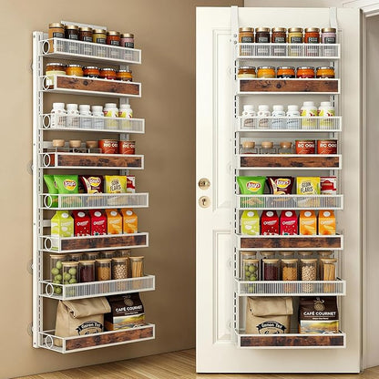 8 Tier Pantry Door Organizer Spice Rack, 2-IN-1 Wall Mount or Hanging Over Door Seasoning Organizer with Adjustable Baskets, Heavy Duty Behind Door Storage Shelves for Pantry, Cabinet and Kitchen