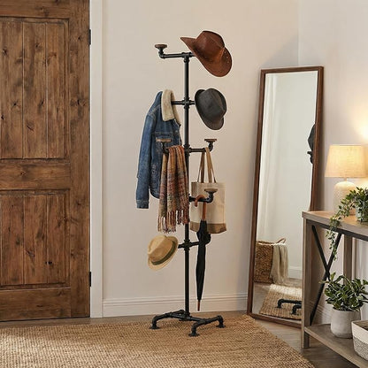 MyGift Hat Rack Stand,Standing Hat Organizer Tree, Baseball Caps Cowboy Hat Display, Industrial Black Metal Pipe Rack with 10 Round Rustic Burnt Wood Hanger Hooks