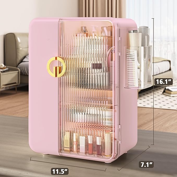 SEE SPRING Makeup Organizer for Vanity, Large Capacity Skincare Organizers and Storage with Drawers, Dustproof Cosmetic Display Case for Bathroom Countertop, Trendy Teen Girl Gifts, Pink