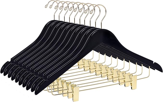 Quality Wooden Skirt Hangers with Clips, 10-Pack Smooth Solid Wood Pants Hangers with Durable Adjustable Metal Clips, Swivel Hook, Coat, Jacket, Blouse Suit Hangers (Black - Gold Hook, 10)
