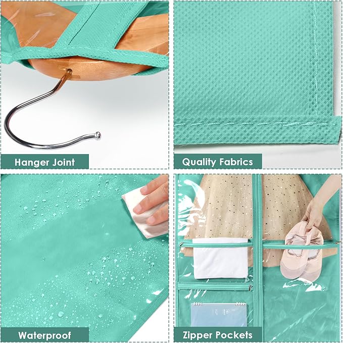 Univivi Dance Costume Bags Garment Bag 40 Inch Hanging Clothes for Dance Competitions, with 3 Medium Clear Zipper Pockets for Dance Costumes, Closet Storage (Green)
