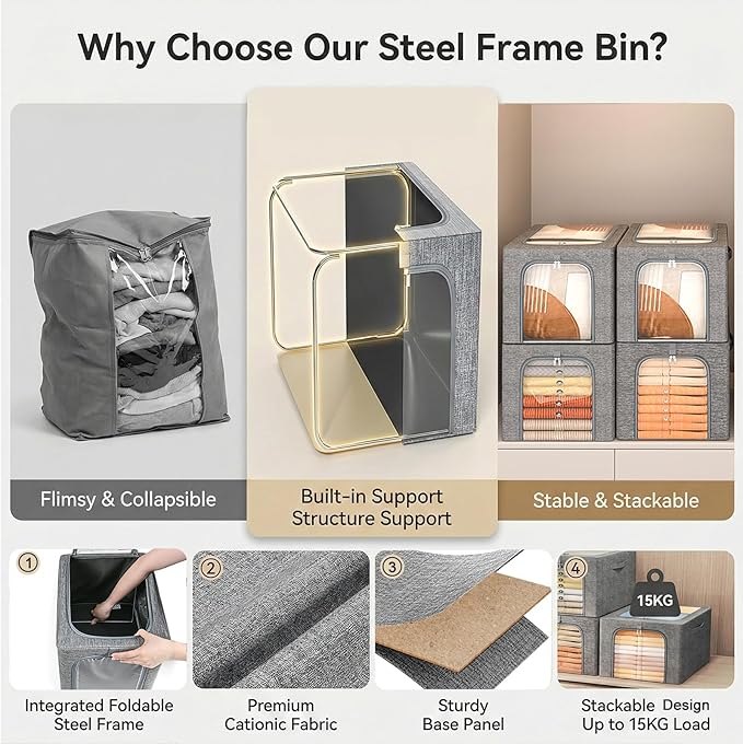 GoMaihe Clothes Storage Bin with Metal Frame: 6-Pack Stackable Closet Storage Bin with Lid & Clear Window, Sweater Boxes Storage for Closet Bedding Clothing Storage Organizer 40L