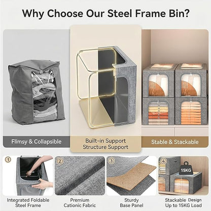 GoMaihe Clothes Storage Bin with Metal Frame: 6-Pack Stackable Closet Storage Bin with Lid & Clear Window, Sweater Boxes Storage for Closet Bedding Clothing Storage Organizer 40L
