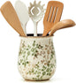 Utensil Holder for Kitchen Counter, Modern Nordic Boho Style Cooking Utensil Holder and Crock Home Kitchen Decor, Ceramic Utensil Organizer for Spatula, Ladle, Eggbeater, Rolling Pin- Green and Beige