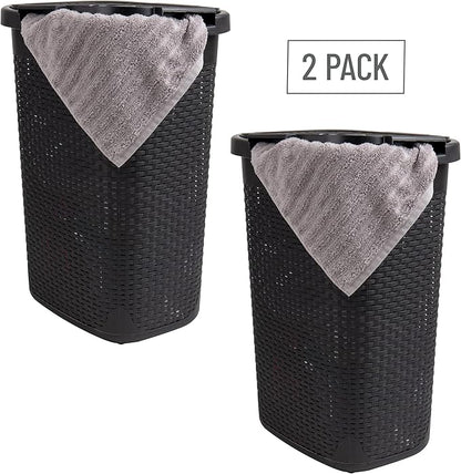 Mind Reader Slim Laundry Hamper with Lid, 60L Tall Clothes Basket, Narrow Tapered Design for Bathrooms, Closets and Laundry Rooms, Plastic, 2 Pack, Black