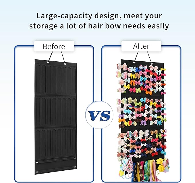 Hair Accessory Organizer - Hanging Holder for Girls' Headbands, Hair Clips, Ties, Scrunchies (Black)