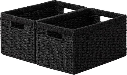 joybest Black Wicker Baskets for Shelves, 13.4L x 8.3W x 7.1H inch Hand-woven Storage Baskets for Pantry Organizing, Foldable Rectangular Bin with Handles, 2-pack