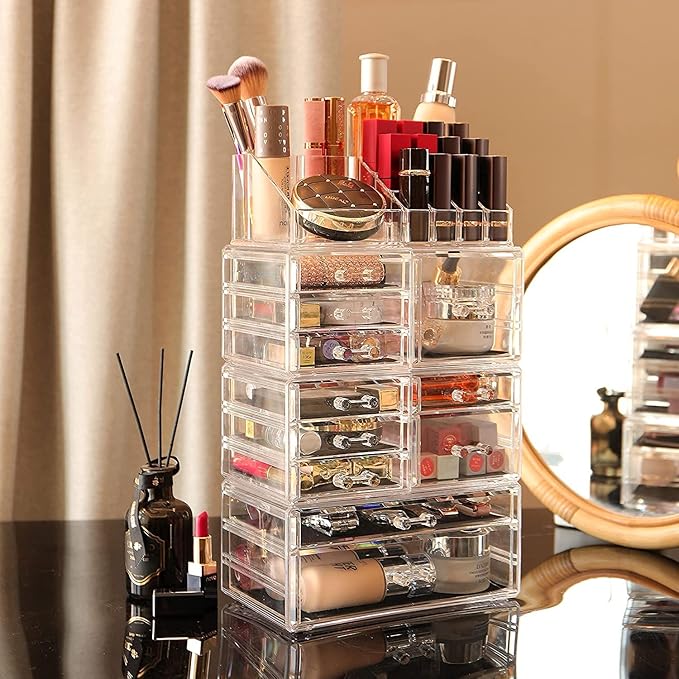 Cq acrylic Makeup Organizer Skin Care Large Clear Cosmetic Display Cases Stackable Storage Box With 11 Drawers For Vanity,Set of 4