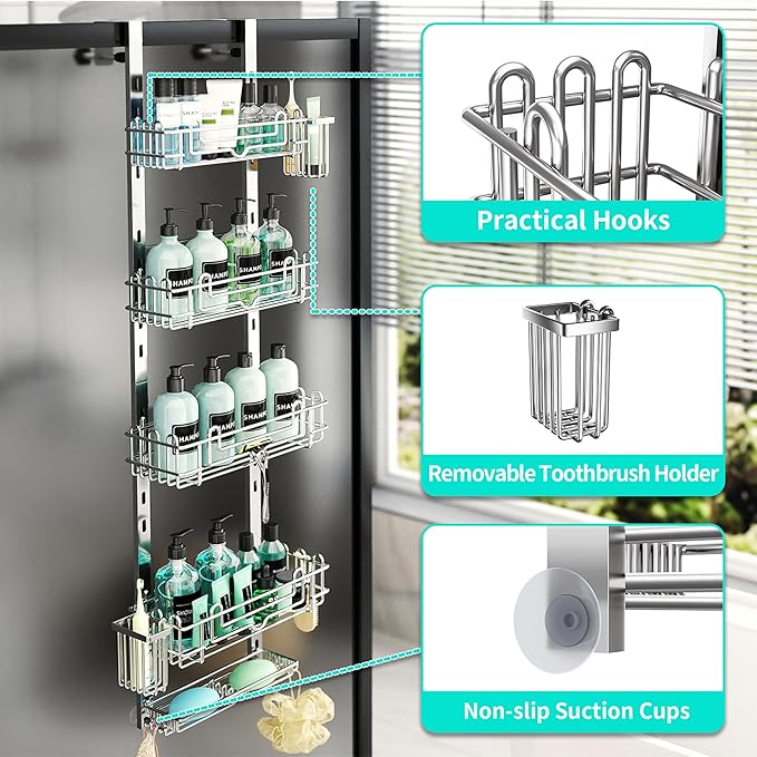 HapiRm 5 Tier Over the Door Shower Caddy, Hanging Shower Caddy with 28 Hooks and 2 Toothbrush Holders, No Drilling Adjustable Hanging Bathroom Organizer - Silver