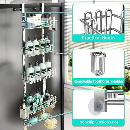 HapiRm 5 Tier Over the Door Shower Caddy, Hanging Shower Caddy with 28 Hooks and 2 Toothbrush Holders, No Drilling Adjustable Hanging Bathroom Organizer - Silver