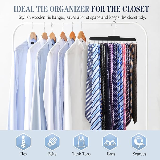 Tie Rack Hanger for Closet Fitnice Upgraded Non Slip Tie Holder Organizer Space Saving with 20 Foldable Hooks Wooden Belt Hanger for Tank Tops Bras Cami Scarves,Black