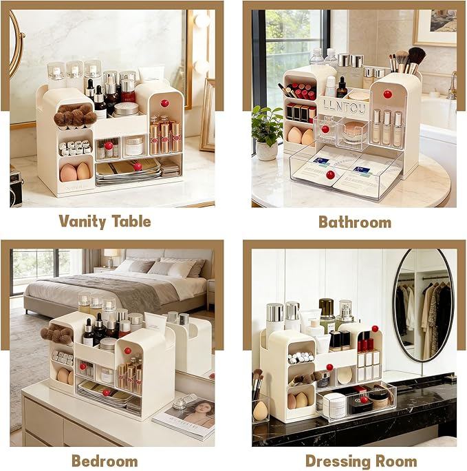 Makeup Organizer for Vanity with Brush Holder, Large Cosmetic & Skincare Organizer Countertop with Muti-Drawers, Cosmetic Display Case for Lipsticks, Nail Polishes, Perfumes, Eyeshadow (cream)