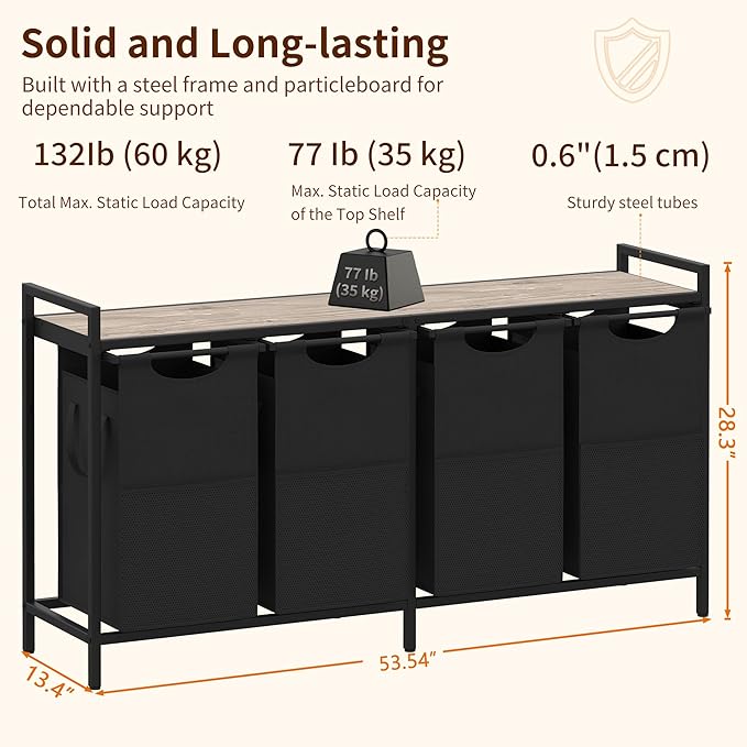 Heybly Laundry Hampers, 4 × 15Gal (228 L) Laundry Basket with Large Desktop Sorter for Laundry Room organization, Bathroom and Dorm Laundry Bags on Storage Shelf, Greige HLH004SG