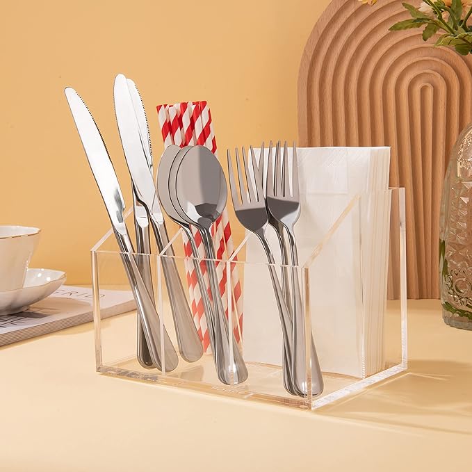 My Space Organizers Utensil Holder Silverware Caddy Countertop Cutlery Organizer For Napkins Flatware Spoon Fork Knife Plastic Acrylic
