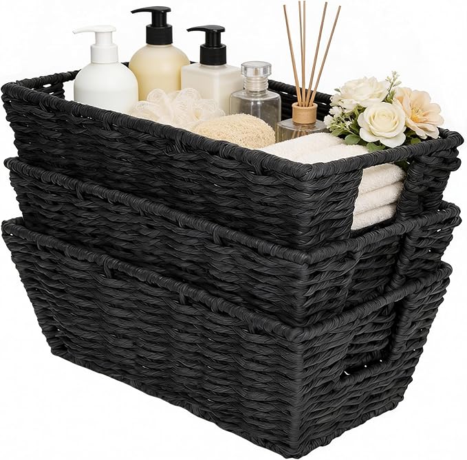 Paper Rope Storage Baskets for Shelves Organizing, Small Hand Woven Wicker Organizer Basket with Handle for Bathroom Toilet Paper Storage, Black, 3-Pack