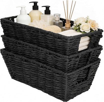 Paper Rope Storage Baskets for Shelves Organizing, Small Hand Woven Wicker Organizer Basket with Handle for Bathroom Toilet Paper Storage, Black, 3-Pack