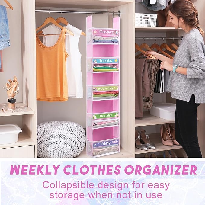 2 Pack 5 Shelf Weekly Clothes Organizer for Kids Over the Door Hanging Storage Monday through Friday Heavy Duty Clothes Organization for Bathroom Nursery Bathroom Kitchen(Pink)