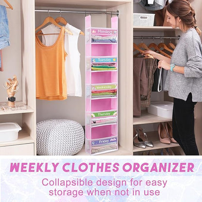 2 Pack 5 Shelf Weekly Clothes Organizer for Kids Over the Door Hanging Storage Monday through Friday Heavy Duty Clothes Organization for Bathroom Nursery Bathroom Kitchen(Pink)