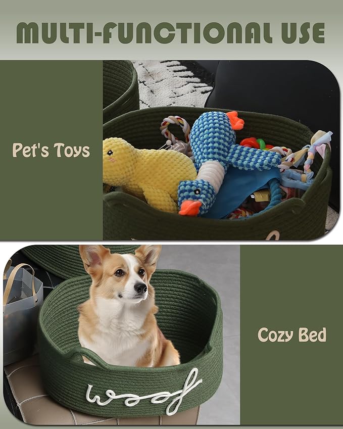 Sea Team Dog Toy Basket with Handles, 16.5 x 11 x 7 Inches, 4.4 Gallons Large Cotton Rope Storage Bin, Box, Shelf Organizer for Pet Chew Toys, Foods, Green Woof