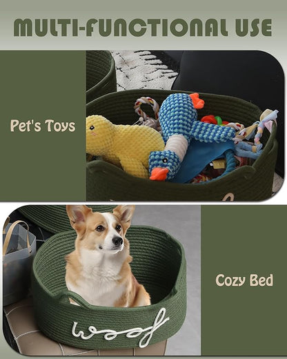 Sea Team Dog Toy Basket with Handles, 16.5 x 11 x 7 Inches, 4.4 Gallons Large Cotton Rope Storage Bin, Box, Shelf Organizer for Pet Chew Toys, Foods, Green Woof