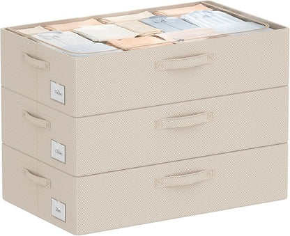 CYhom 3Pcs Under Bed Storage Bins with Metal Frame - Shoe Organizer for Closet with Clear Cover Oxford Fabric Sturdy Underbed Container Foldable Stackable Clothes Organizer (Beige, 23.5x15.7x6.3)