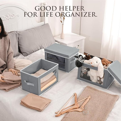 Homsorout Collapsible Storage Bins with Lids, 4 Pack Closet Cubes for Organization, Fabric Storage Baksets with Window, Clothes Organizer bins for Home, Dorm, Grey