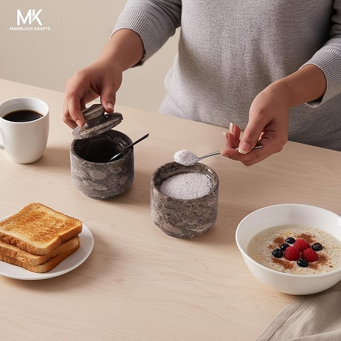 MARBLOUS KRAFTS Marble Salt Cellar 3" Inch Oceanic Flaky Salt Holder for Countertop, Set of 2 Spice Boxes, Brown Sugar Keeper, and Sugar Jar with Lid & Spoon, Perfect for Kitchen Storage