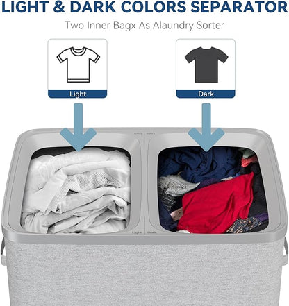 Dual Section 90 liter/23.8 gallon Laundry Hamper Separation Basket with lid, 2 Removable Washing Bags with Handles,Large Laundry Sorter for Easy Clothes Separation - Gray
