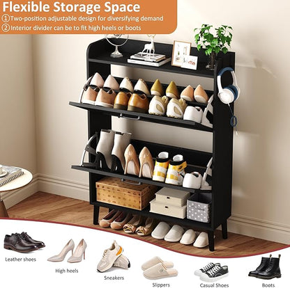 HOMEFORT Shoe Storage Cabinet for Entryway, 30" Freestanding Organizer with Two Flip Drawers, Narrow Hidden Shoe Rack with Wood Legs, Farmhouse Shoe Cabinet for Front Door Entrance,Black