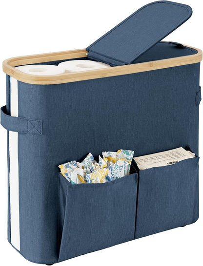 StorageWorks Toilet Paper Storage Baskets with Dual Flip Lids, Toilet Paper Organizer for Bathroom, Toilet Paper Container with Side Pocket, Holds 9 Mega or 12 Regular Rolls, Medium, Blue