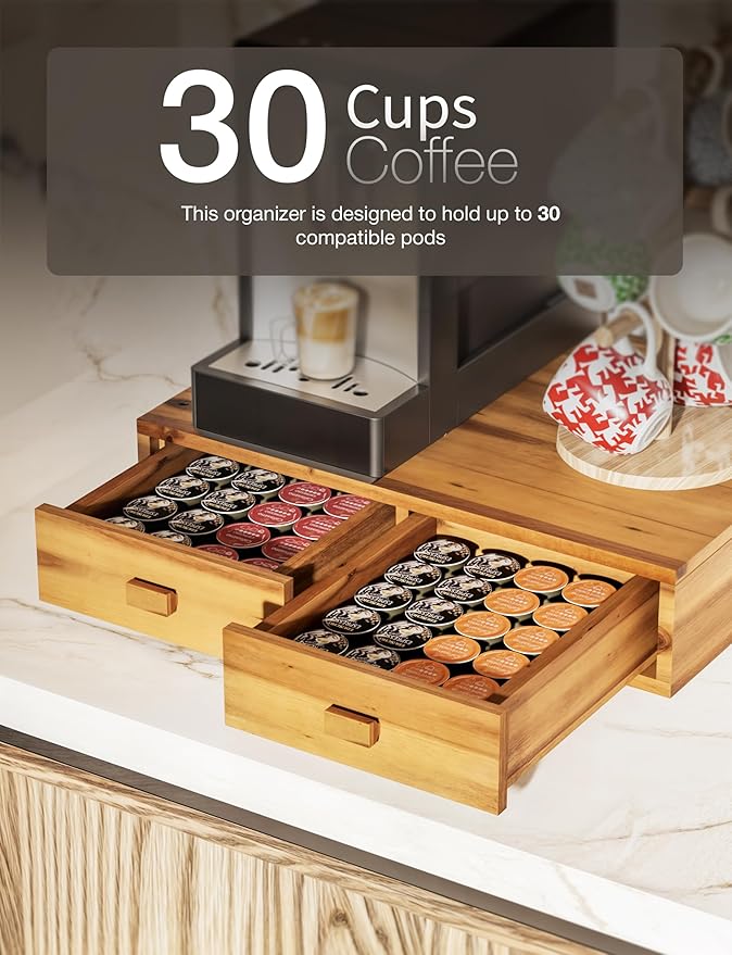 Tinamo Acacia Wood Coffee Pod Storage Box, 30 Pod Capacity, Coffee Pods and Tea Organizer Holder, K Pod Drawer Coffee Maker Machine Stand, for K-Cup Drawer Organizer Under Brewer (Acacia, 2 drawer)