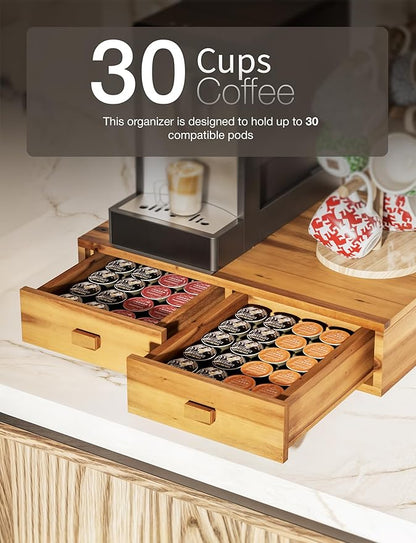 Tinamo Acacia Wood Coffee Pod Storage Box, 30 Pod Capacity, Coffee Pods and Tea Organizer Holder, K Pod Drawer Coffee Maker Machine Stand, for K-Cup Drawer Organizer Under Brewer (Acacia, 2 drawer)