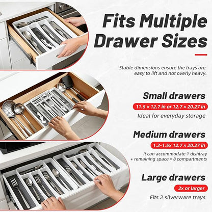 Non-Slip Expandable Silverware Drawer Organizer,7 Compartment Tasteless Large Capacity Thick Plastic Flatware Divider for Silverware, Stationery, Cosmetics – Minimalist Design and Premium Feel