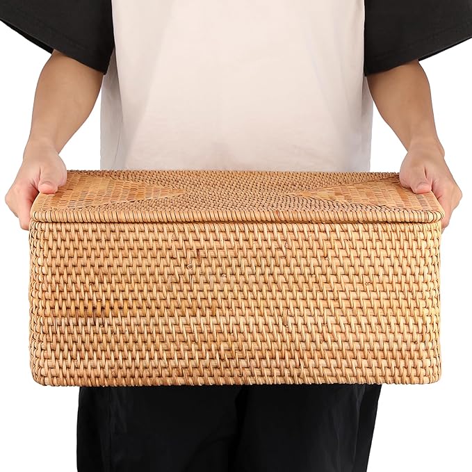 Hipiwe Handwoven Rattan Basket with Lid Decorative Shelf Basket Bin with Handle Rectangular Wicker Storage Box for Home Organizing, 17" x 13" x 6.7"