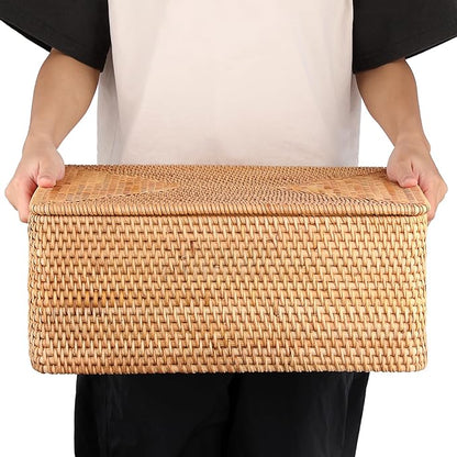 Hipiwe Handwoven Rattan Basket with Lid Decorative Shelf Basket Bin with Handle Rectangular Wicker Storage Box for Home Organizing, 17" x 13" x 6.7"