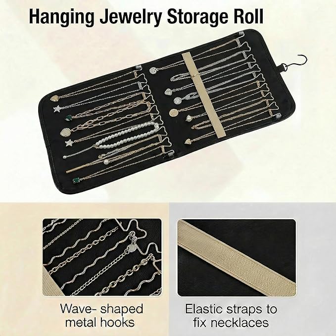 Hanging Jewelry Organizer, Dual-Sided Necklace Holder with Multiple Clear Pockets - Wall Mount & Over The Door Closet Storage for Earrings, Rings, Bracelets - 360° Rotating Hanger (1, Black, M)