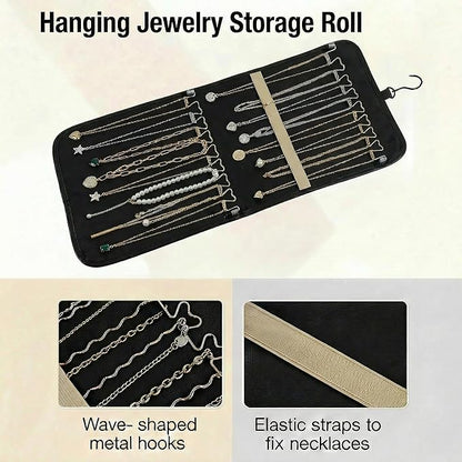 Hanging Jewelry Organizer, Dual-Sided Necklace Holder with Multiple Clear Pockets - Wall Mount & Over The Door Closet Storage for Earrings, Rings, Bracelets - 360° Rotating Hanger (1, Black, M)
